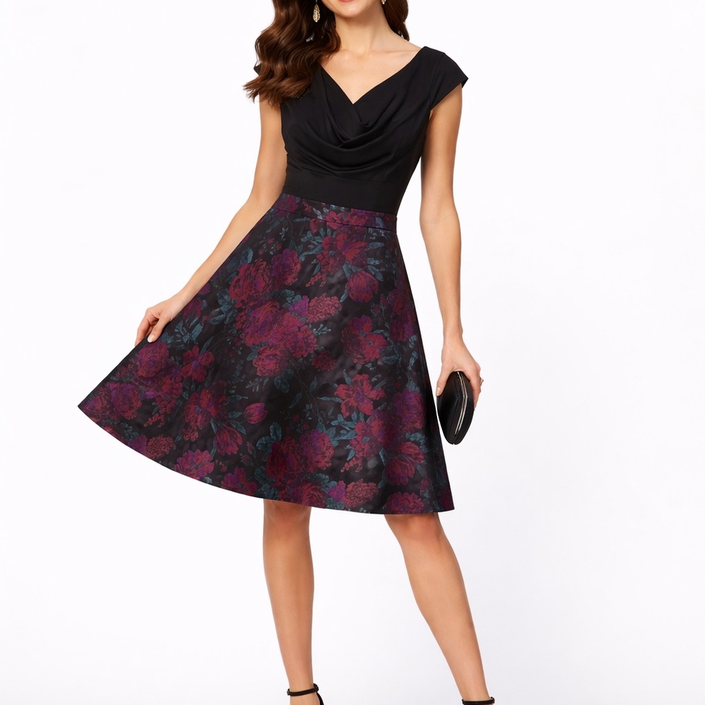 Adrianna Papell Black and Purple Floral Asymmetrical Dress